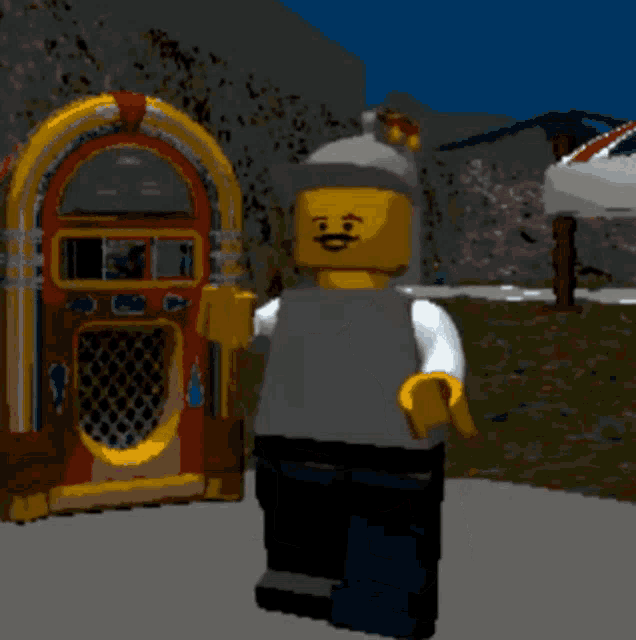 a lego man stands in front of a jukebox in a video game