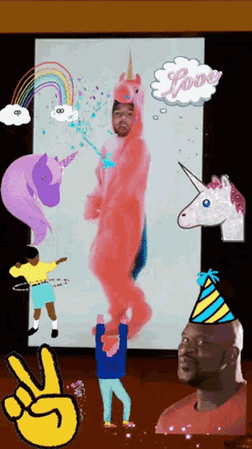 a man in a unicorn costume is surrounded by unicorns and a speech bubble that says love