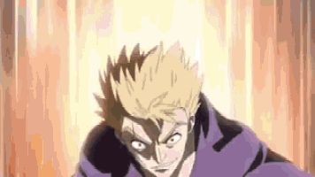 a close up of a man in a purple jacket with a yellow haircut .