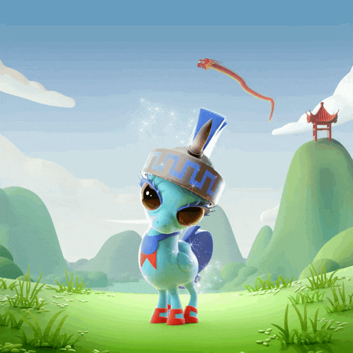 a cartoon pony wearing a helmet with a greek key design on it