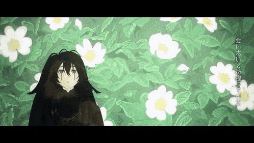 a drawing of a girl surrounded by white flowers with chinese writing