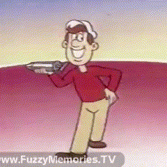 a cartoon of a man holding a remote control with the website www.fuzzymemories.tv in the lower right corner