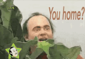 a man with leaves on his face and the words " you home " behind him
