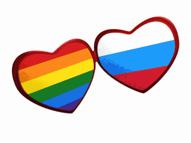 a pair of rainbow colored hearts next to a pair of russian hearts on a white background