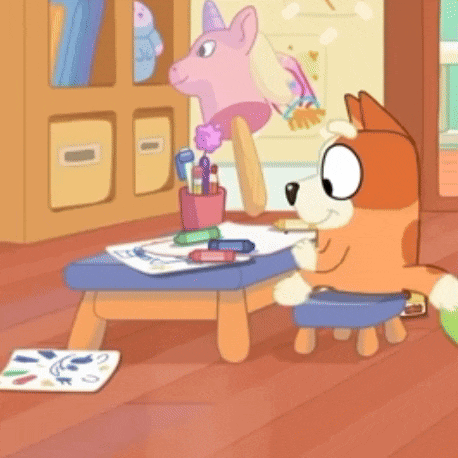 a cartoon dog is sitting on a stool in front of a table with markers and pens .