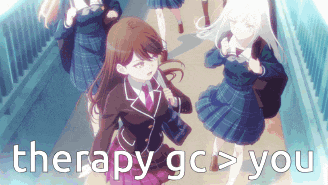 a group of anime girls walking on a bridge with the words therapy go > you written below them