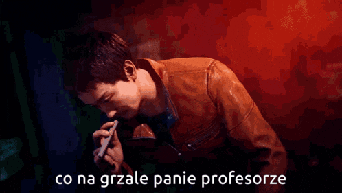 a man in a brown jacket is smoking a cigarette with the words co na grale panie profesorze written below him