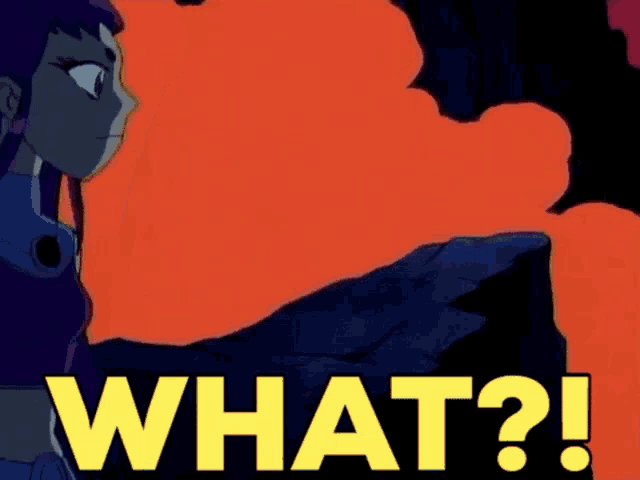 a cartoon character with purple hair is standing next to a rock and the words what ?