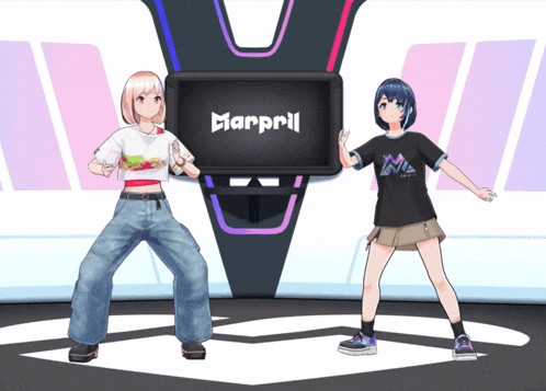 two anime girls are dancing in front of a screen that says marprill