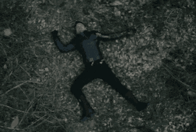 a man in a blue jacket is laying on a pile of leaves