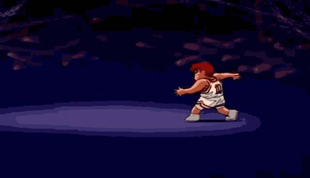 a cartoon basketball player is standing in a dark room .