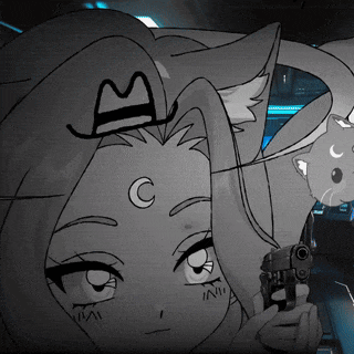 a black and white drawing of a girl with a crescent moon on her forehead holding a gun