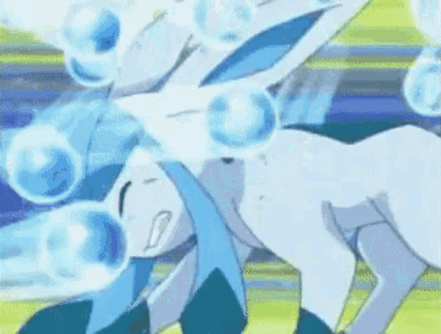 a cartoon of a white and blue pokemon with blue bubbles coming out of its mouth .