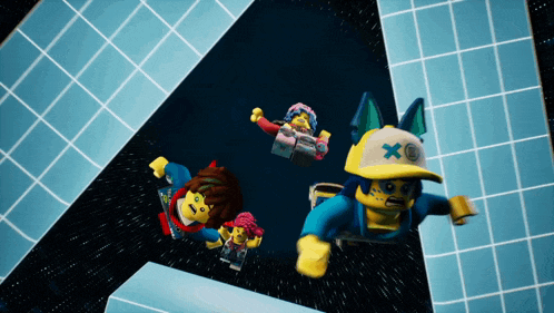a group of lego figures flying through the air