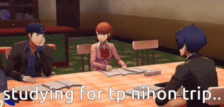a group of people sitting around a table with the words " studying for tp nihon trip " above them