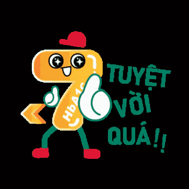 a cartoon drawing of a number 7 giving a thumbs up and saying tuyet voi qua