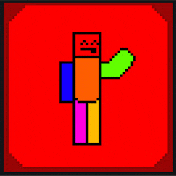 a pixel art of a rainbow colored minecraft character on a red background .