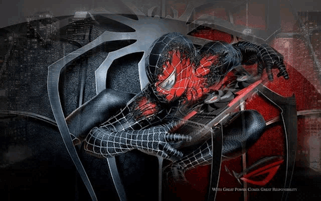 a picture of a spider man with the words great power comes great responsibility