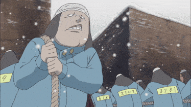 a cartoon drawing of a man pulling a rope with numbers on his jackets