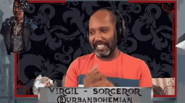 a man wearing headphones stands in front of a sign that says virgil sorceror urban bohemian
