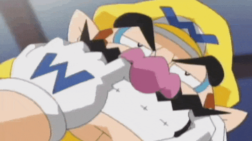 a cartoon character is wearing a yellow hat and a white glove with the letter w on it