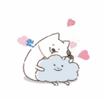 a cartoon dog is hugging a blue cloud with hearts around it .