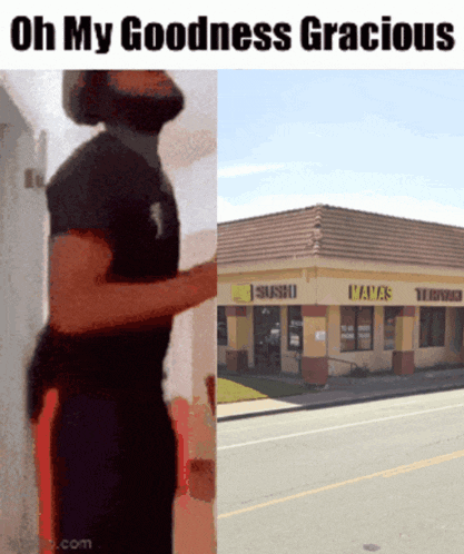 a man is standing in front of a building that says sushi