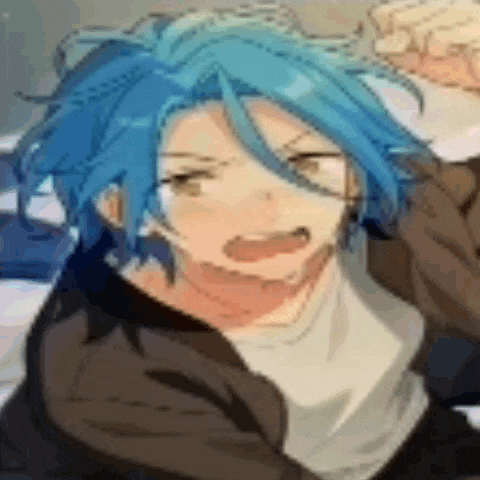 a close up of a person with blue hair making a funny face with their mouth open .