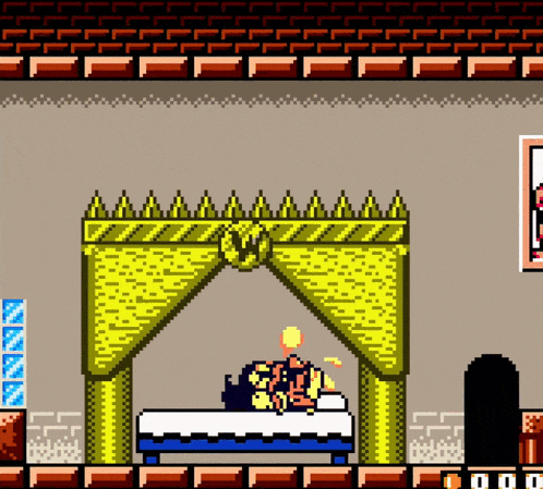 a pixel art of a man laying on a bed with a yellow canopy