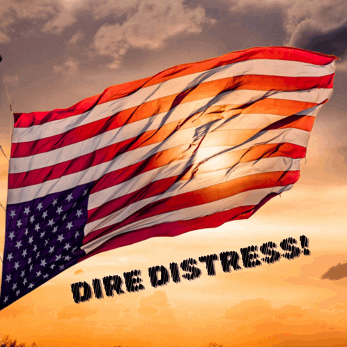 an american flag with the words " dire distress " written below it