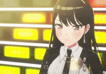 a girl with long black hair and red eyes is wearing a white shirt and tie