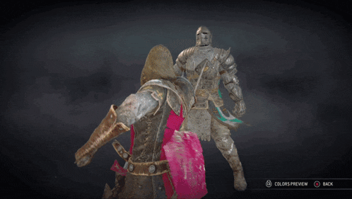 a video game screen shows a knight fighting another knight with the colors preview button at the bottom