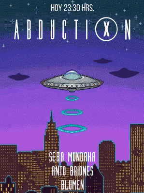 a pixel art poster for abduction x shows a flying saucer over a city