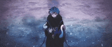 a person with blue hair is standing in the snow