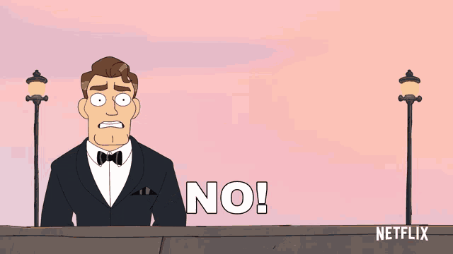 a cartoon of a man in a tuxedo and bow tie saying no