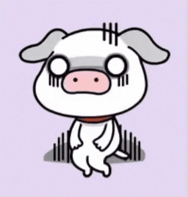 a cartoon pig with a pink nose is sitting on the ground with its eyes closed .