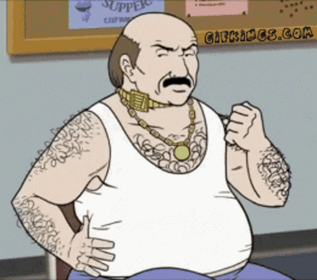 a cartoon of a man with a mustache wearing a necklace and a white tank top