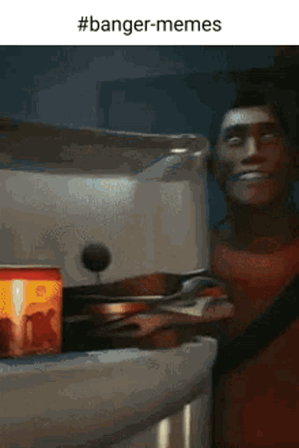 a man in a red shirt is standing in front of a fridge with a can of coca cola on it