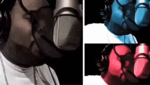 a man wearing headphones is singing into a microphone in front of three different colored backgrounds