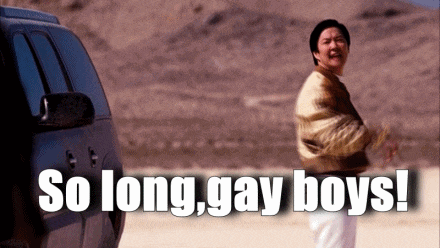 a man is standing in front of a car with the words so long gay boys written above him