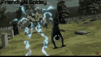 a cartoon of a man doing a handstand in a cemetery with friendly n spidey written on the bottom