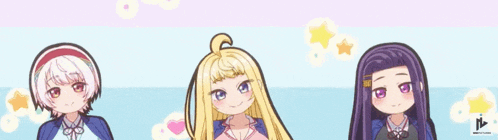 three anime girls are standing next to each other with their hands up in the air