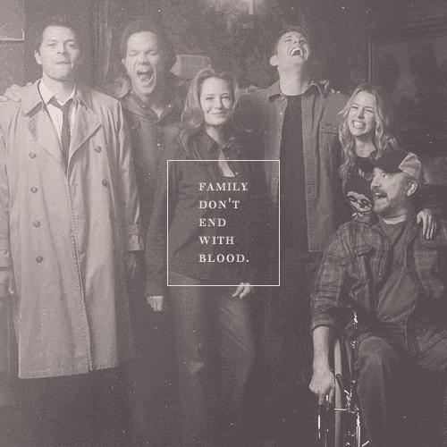 a black and white photo of a family with the words family don t end with blood