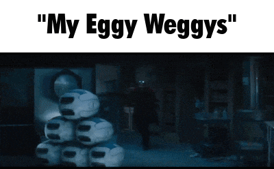 a stack of soccer balls with the words " my eggy weggys " on the bottom