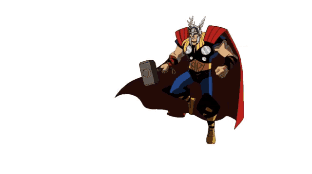 a cartoon of thor flying with a hammer and cape