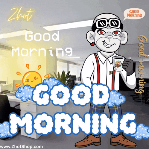 a cartoon of a man holding a cup of coffee with the words good morning on the bottom