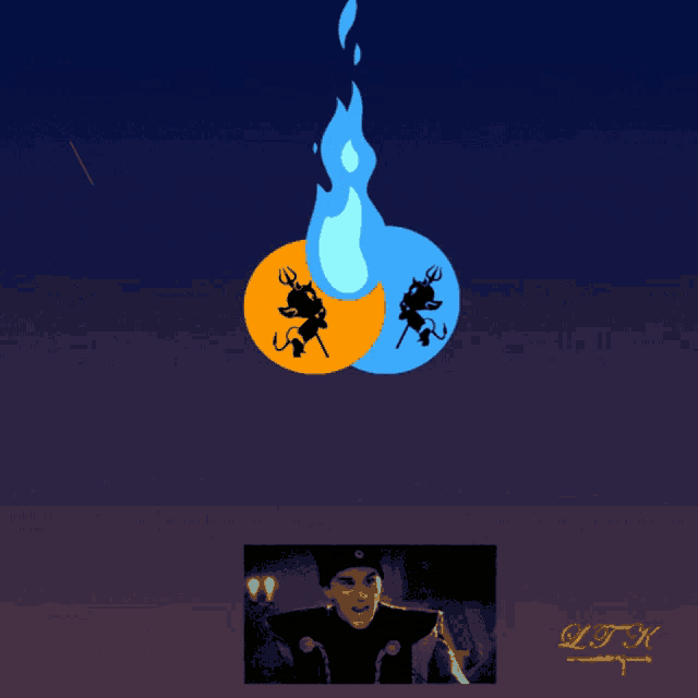 a man stands in front of a blue flame with the words au bucher written above him