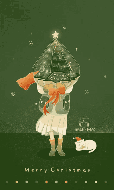an illustration of a girl with a christmas tree on her head and the words merry christmas below her