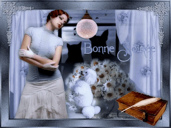 a picture of a woman and a teddy bear with bonne soirée written on it