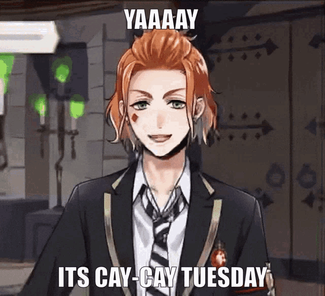 a man in a suit and tie says yaaaay it 's gay-gay tuesday